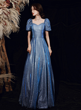 出租晚礼服蓝色亮片一字肩泡泡袖主持人艺考星空宴会礼服长款女
