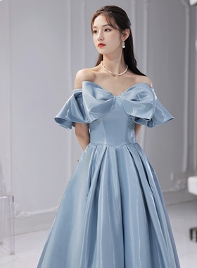出租晚礼服女长裙气质蓝色一字肩质感宴会主持人年会礼服艺考聚会