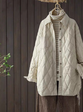 菱格小个子轻薄羽绒服女冬季2023新款中长款衬衫领中老年薄款外套