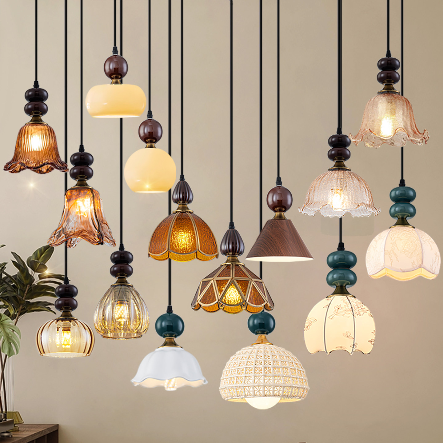 复古艺术玻璃实木陶瓷小吊灯餐厅吧台玄关过道中古风格装饰氛围灯