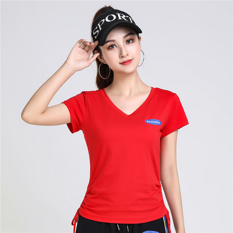 广场舞服装夏季短袖上衣V领抽绳团体健身运动服大妈跳操舞蹈服女