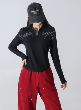 纤瑞雪正品拉绒长袖立领薄绒烫钻T恤跳舞高弹力半拉链修身上衣547