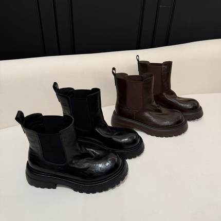 H55女鞋醇2025新款油蜡质感手抓纹褶皱棉里百搭英伦风马丁烟囱靴