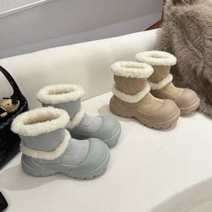 H55女鞋云朵奶糖2025冬季新款超暖暴走厚底百搭大头懒人雪地靴