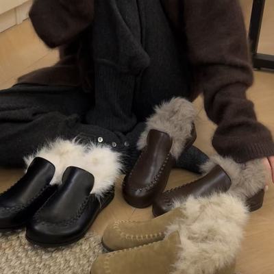 H55女鞋单宁木2025冬季新款托卡皮穿带穆勒毛毛平底乐福鞋小皮鞋