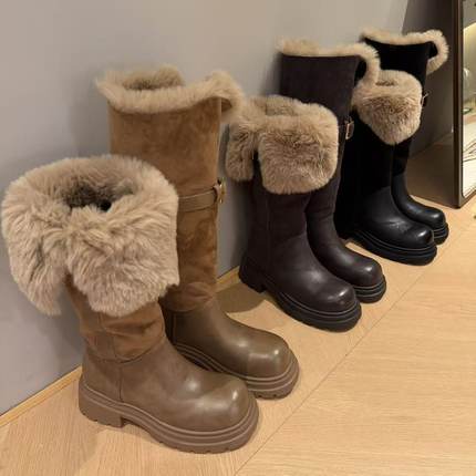 H55女鞋北海道初雪2025冬季新款加绒两穿厚底雪地靴复古骑士靴