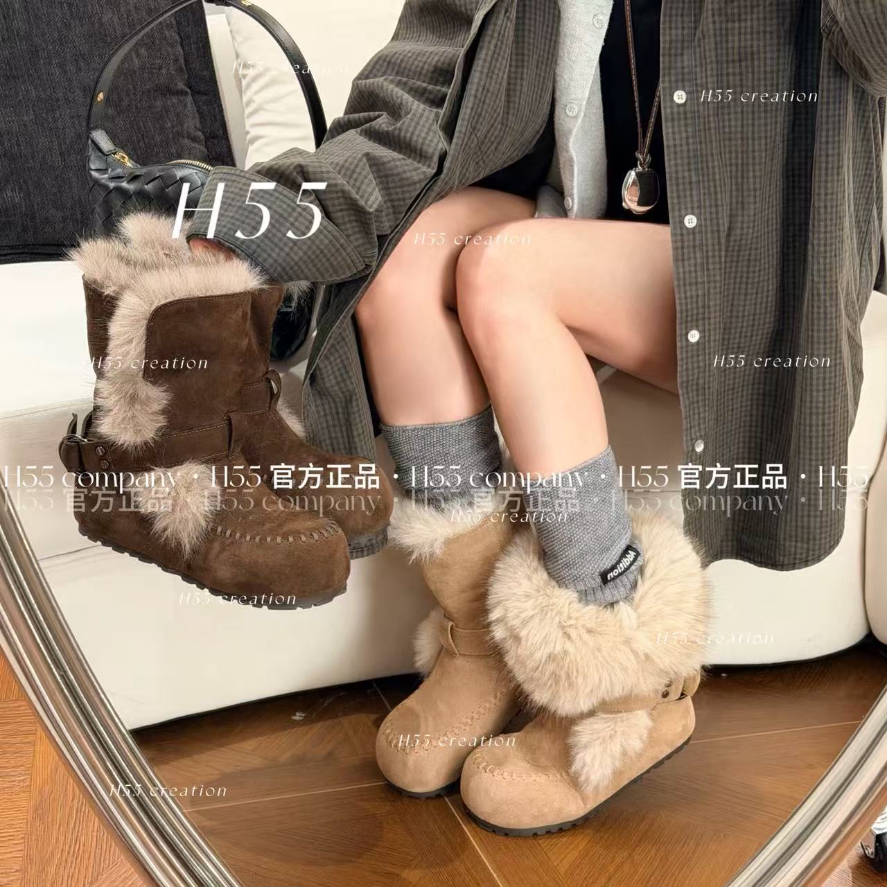 H55女鞋摩尔曼极光2025冬季新款可两穿珩线短筒游牧毛毛靴雪地靴