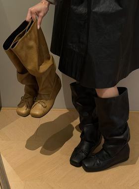 H55女鞋波尔多圆舞曲2025新款手抓纹套筒内增高长靴方头皱皱靴