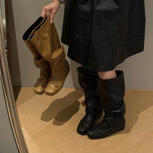 H55女鞋波尔多圆舞曲2025新款手抓纹套筒内增高长靴方头皱皱靴