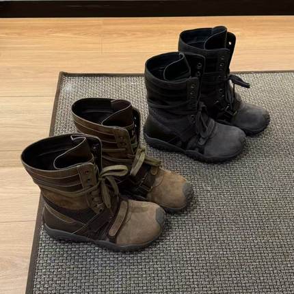 H55女鞋巴恩公式2025新款拳击靴水洗做旧复古女款系带高帮骑士靴