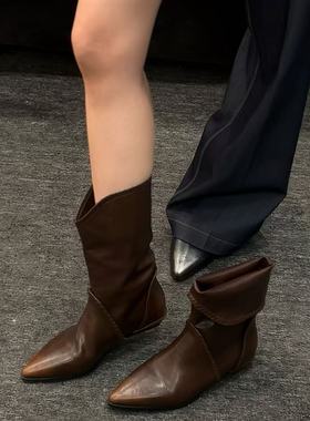 H55女鞋布达佩斯2025新款擦色尖头百搭英伦风短筒时尚显瘦短靴