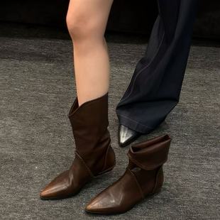 显瘦短靴 擦色尖头百搭英伦风短筒时尚 H55女鞋 布达佩斯2025新款