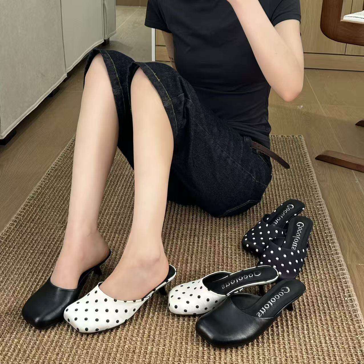 【现货】H55女鞋波点猫跟一脚蹬高跟拖鞋方头简约懒人外穿包头拖图片