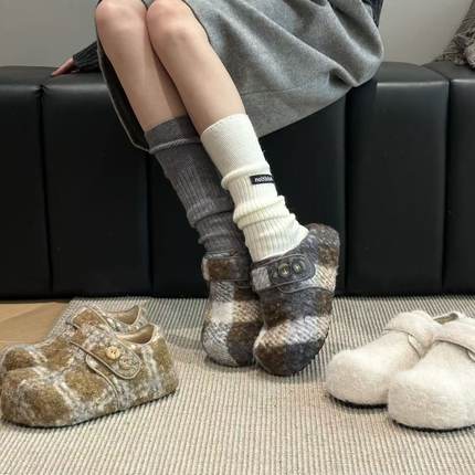 H55女鞋海盐杏仁泡芙2025冬季新款芒果头休闲厚底百搭毛呢勃肯鞋