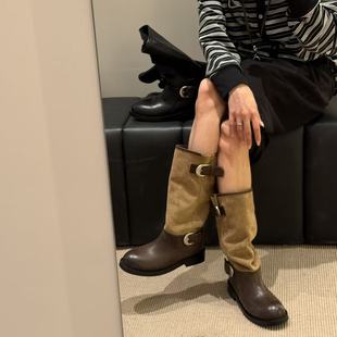 H55女鞋邂逅剑桥2025新款英伦风不过膝长筒靴游牧风爆裂纹骑士靴