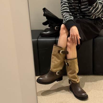 H55女鞋邂逅剑桥2025新款英伦风不过膝长筒靴游牧风爆裂纹骑士靴