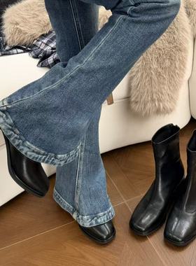 H55女鞋“lady”2025新款港风复古粗跟方头软底高跟短靴瘦瘦靴