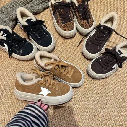 H55女鞋美式街区2025冬季新款休闲豹纹棉里美式复古厚底星星板鞋