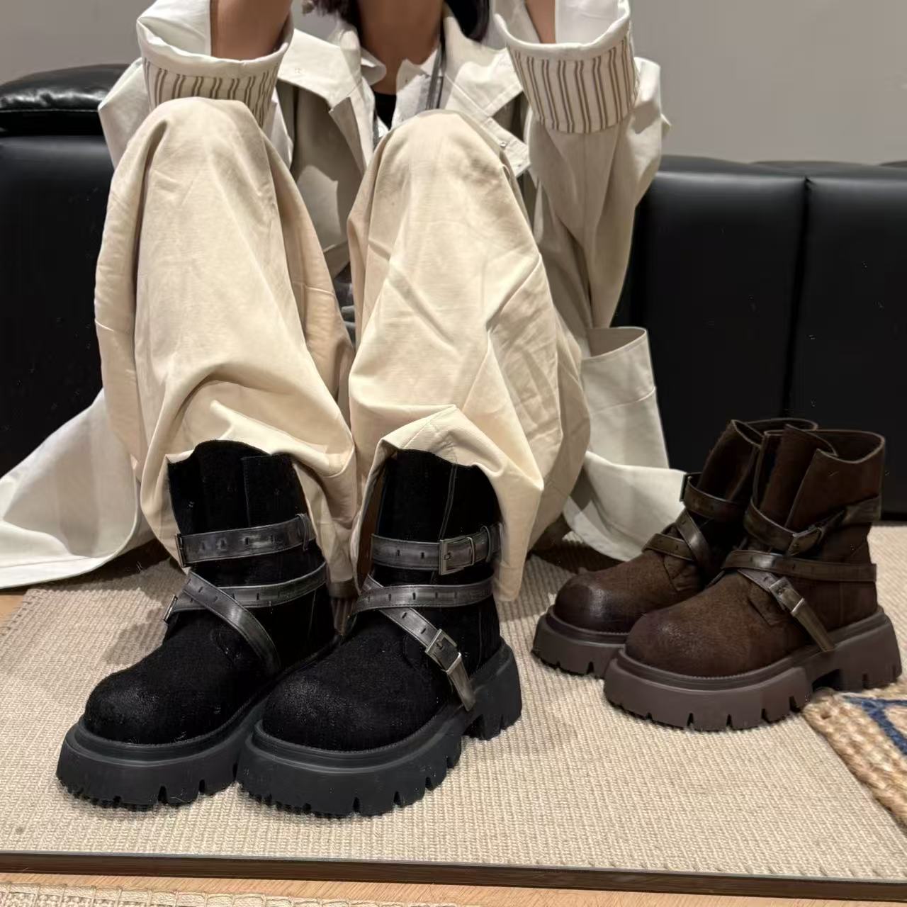 H55女鞋新野骑士2025新款英伦复古折叠褶皱擦色中筒厚底烟筒短靴