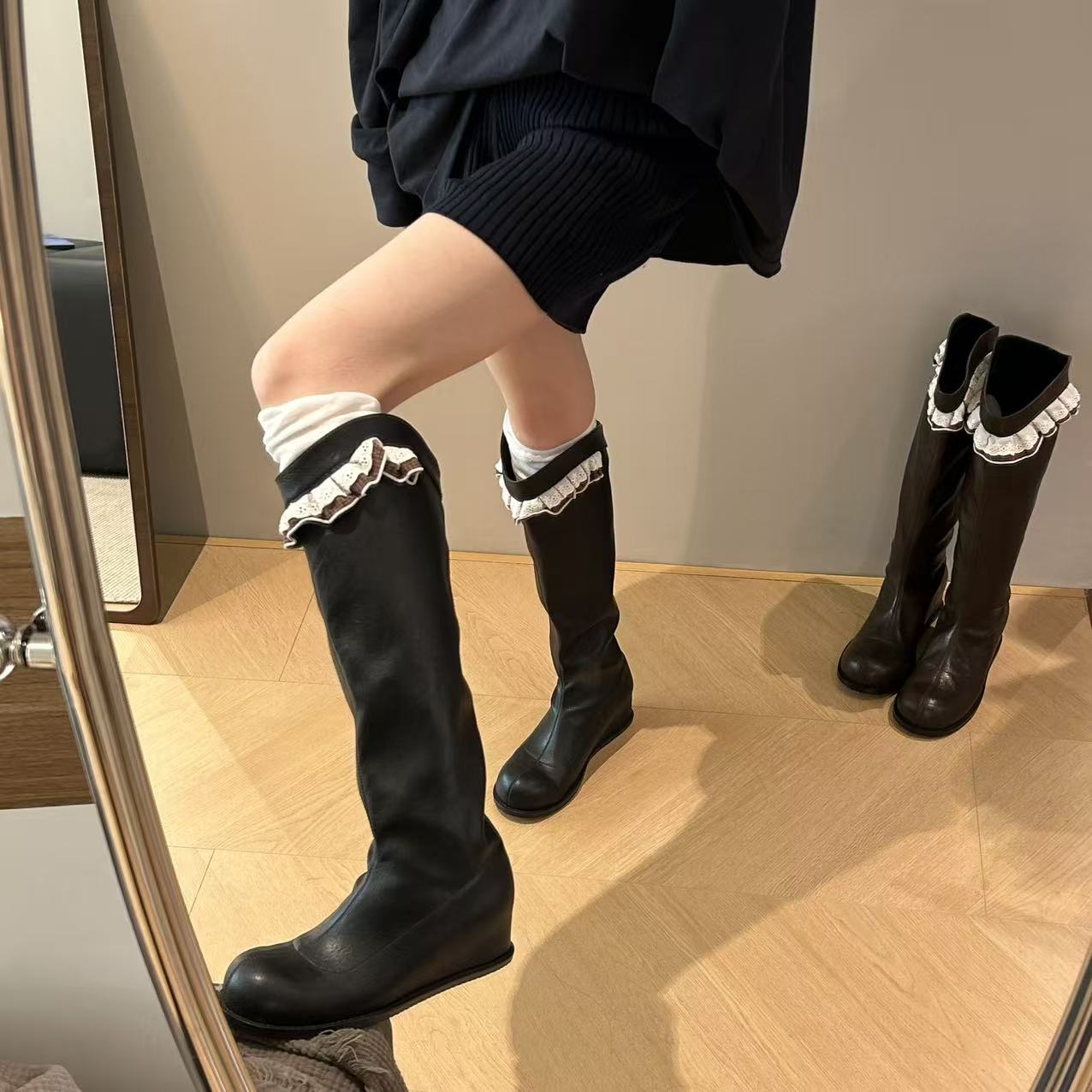 H55女鞋鬼马骑士2025新款马赛风大筒围内增高弹力靴瘦瘦靴骑士靴