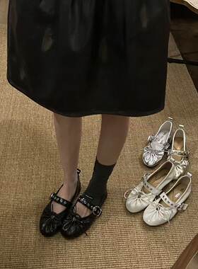H55女鞋26春夏新款甜酷风浅口羊皮单鞋小众蝴蝶结韩版玛丽珍鞋
