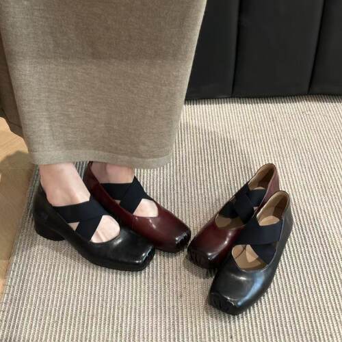 H55女鞋梦马2026春夏新款粗跟渐变复古擦色高级感方头玛丽珍跟鞋