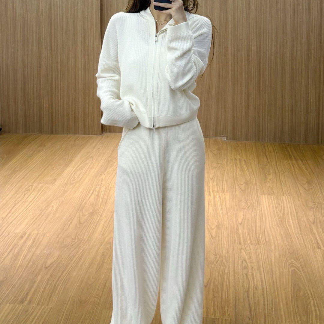 【YUAN】L*P 100%澳洲美丽诺绵羊毛女连帽开衫束脚阔腿裤套装