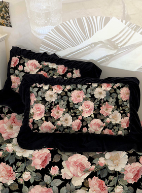 玫瑰花黑色花边枕套一对装枕芯套枕皮双面牛奶绒冬季加厚枕皮