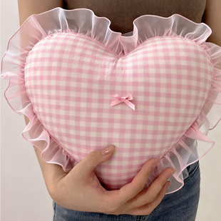 粉色爱心抱枕荷叶边粉白格子条纹沙发靠枕套礼物蝴蝶结少女靠垫芯