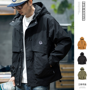 冲锋衣男士 2026春季 美式 休闲连帽夹克男宽松潮牌大码 黑色外套 新款