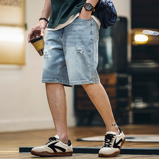 男款 五分裤 2026夏季 轻薄莱赛尔宽松男士 子 新款 浅蓝色破洞牛仔短裤