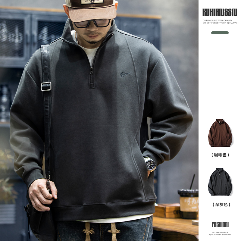 加绒卫衣男冬季拉链半高领