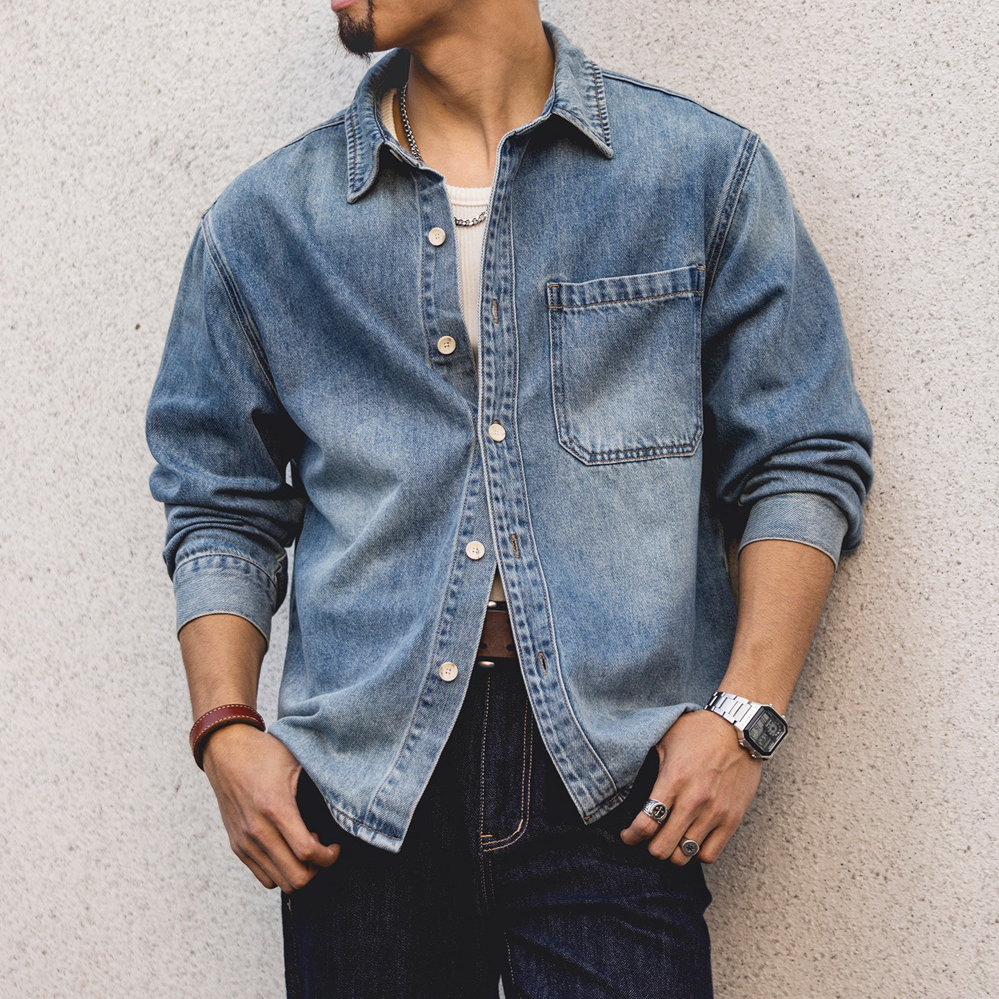 美式复古水洗做旧渐变牛仔衬衫男士2026春季新款宽松长袖休闲衬衣,男装,牛仔衬衫,淘宝优惠券,粉丝福利购,淘宝优惠卷