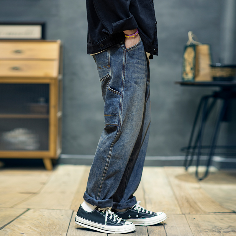 冬季加绒复古直筒工装牛仔裤