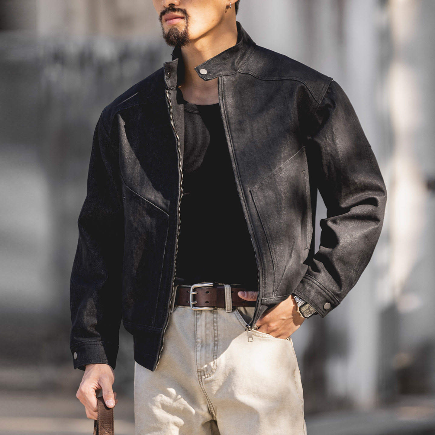 黑色立领哈灵顿牛仔夹克男春季新款宽松大码美式复古通勤防风外套 - 裤先森出品