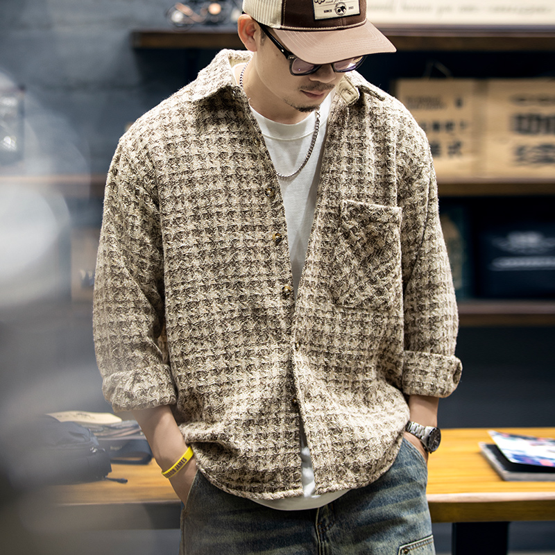 600g重磅美式复古格子衬衫男外套