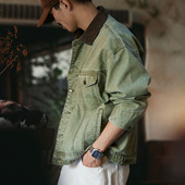 夹克潮 撞色翻领工装 底特律复古军绿色水洗牛仔外套男2026春季 新款