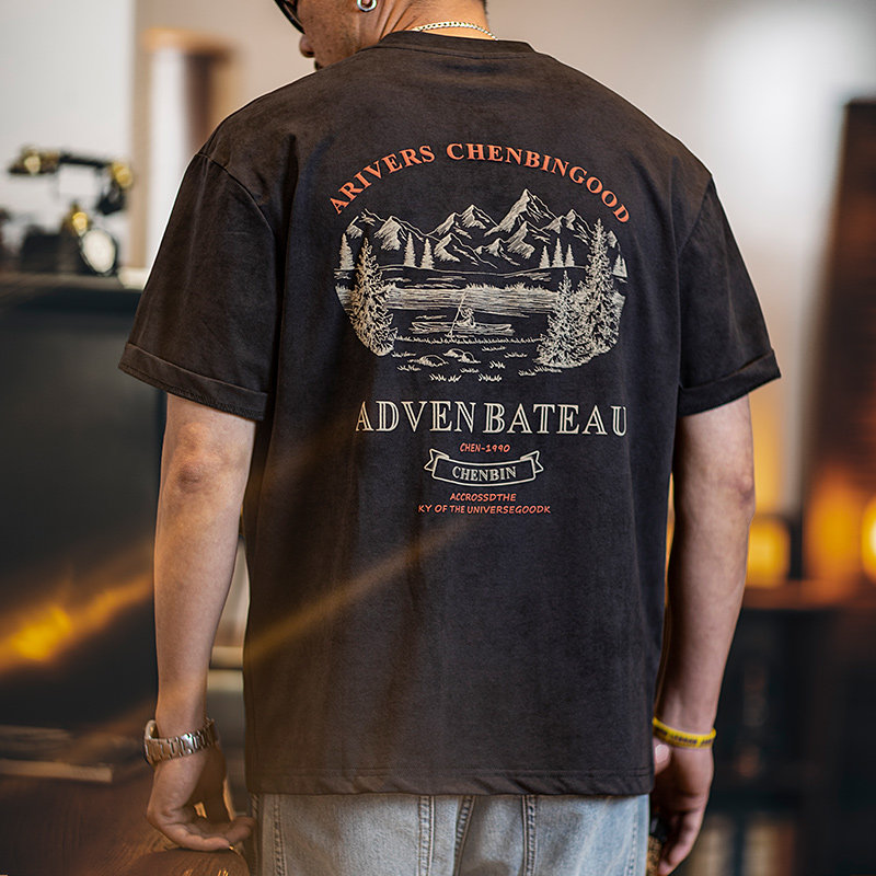 美式复古山系印花短袖t恤男2025夏季新款微宽松男士休闲圆领半袖,男装,T恤,淘宝优惠券,粉丝福利购,淘宝优惠卷