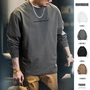 纯棉长袖 大码 t恤男春季 字母印花圆领打底衫 复古上衣 新款 美式