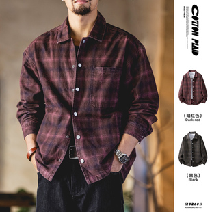 美式水洗暗红色格纹长袖衬衫男2026春季新款宽松大码休闲工装衬衣