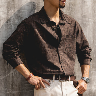 大码 男春季 纯棉竹节休闲上衣通勤叠穿衬衣外套 衬衫 复古老钱风长袖