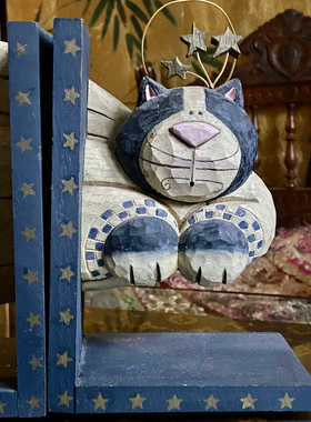 vintage美国中古书立 实木书立 猫咪书立 桌面书架 复古家居饰品