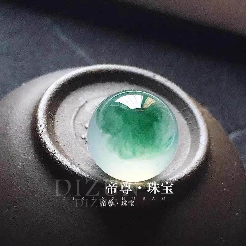缅甸天然翡翠老坑A货冰种白冰飘蓝花圆珠子单珠DIY配珠配饰玉坠子
