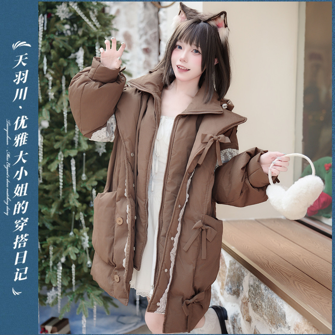天羽川冬季棉服保暖防寒连帽棉衣宽松女公主外套上衣原创西湖凝霜