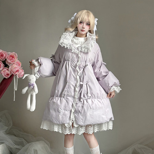 天羽川原创紫色羽绒服女90绒蕾丝花边中长款保暖防水外套优雅甜美