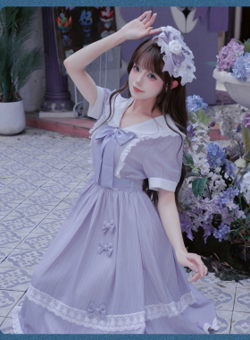 天羽川学院风制服连衣裙女紫色蝴蝶结蕾丝条纹优雅设计轻lo夏季