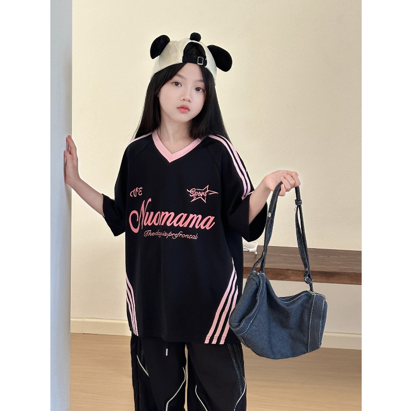 2026春季新款女童套装儿童洋气时髦休闲运动服短袖上衣字母T恤图片