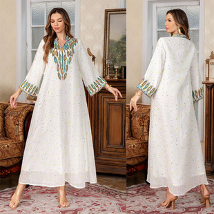 中东服饰女装长袍绳绣立小V领大码A字迪拜优雅阿拉伯连衣裙Dress