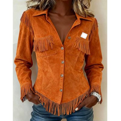 跨境欧美鹿皮流苏夹克长袖jacket