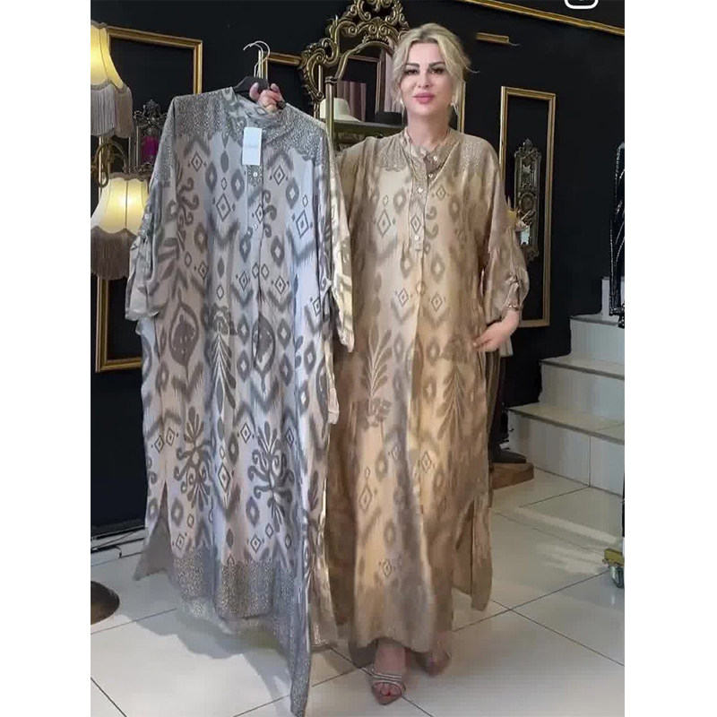 魔法Queen跨境新款印花长袖时尚气质女装A字裙连衣裙Dresses - 实物图